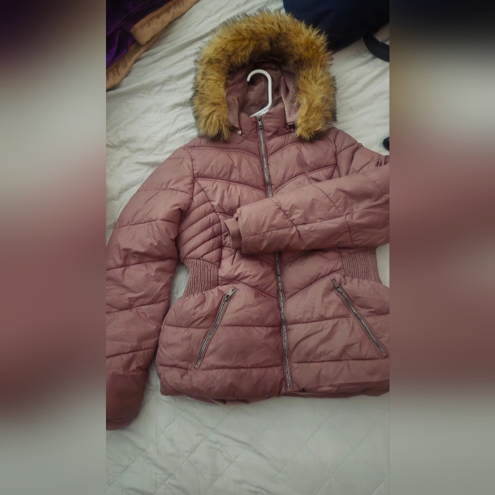 YMI Dusty Pink Puffer Jacket with Faux Fur Hood